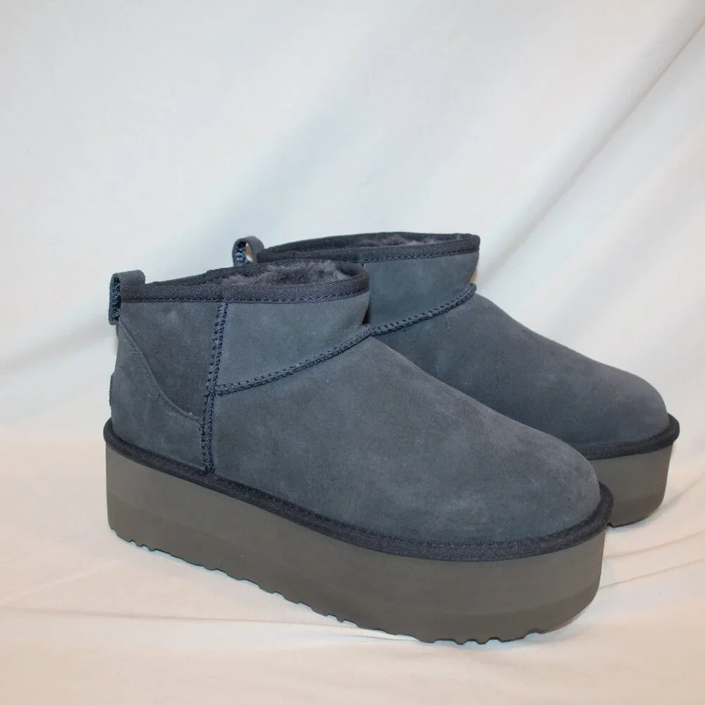 NIB UGG WOMEN'S ULTRA MINI PLATFORM‎ SUEDE SHEARLING LINED ANKLE BOOTS NAVY BLUE